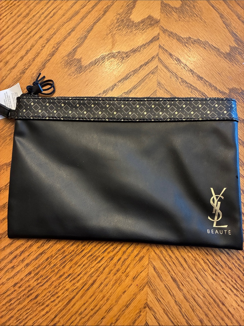 YSL Beaute Black Faux Leather Makeup Cosmetic Bag Pouch Clutch Gold geometric